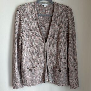 J. Jill Women Tweed Pink & Gray Cardigan Sweater blazer  Textured Multicolor MED